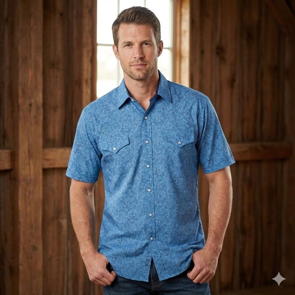 PLAINS WESTERN WEAR PAISLEY WESTERN CUT SHORT SLEEVE PPEARL SNAP WESTERN WEAR
